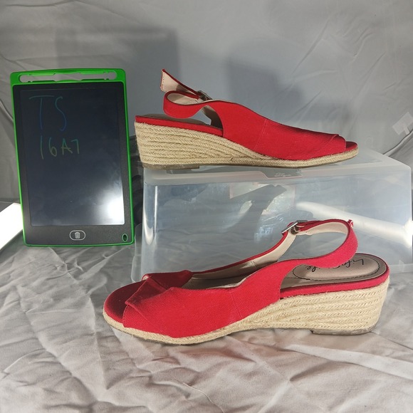Life Stride Socialite Red Canvas Espadrille Wedge Sandals Size 8M Adjustable - Picture 2 of 8